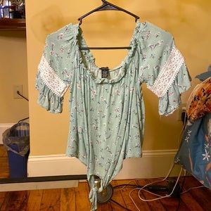 Sage green short sleeve shirt with lace sleeve and front tie